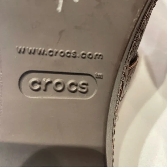 Crocs Brown Embossed Leather-Look Heeled Mules Slide On Women’s Size 10 Shoes - Picture 14 of 16